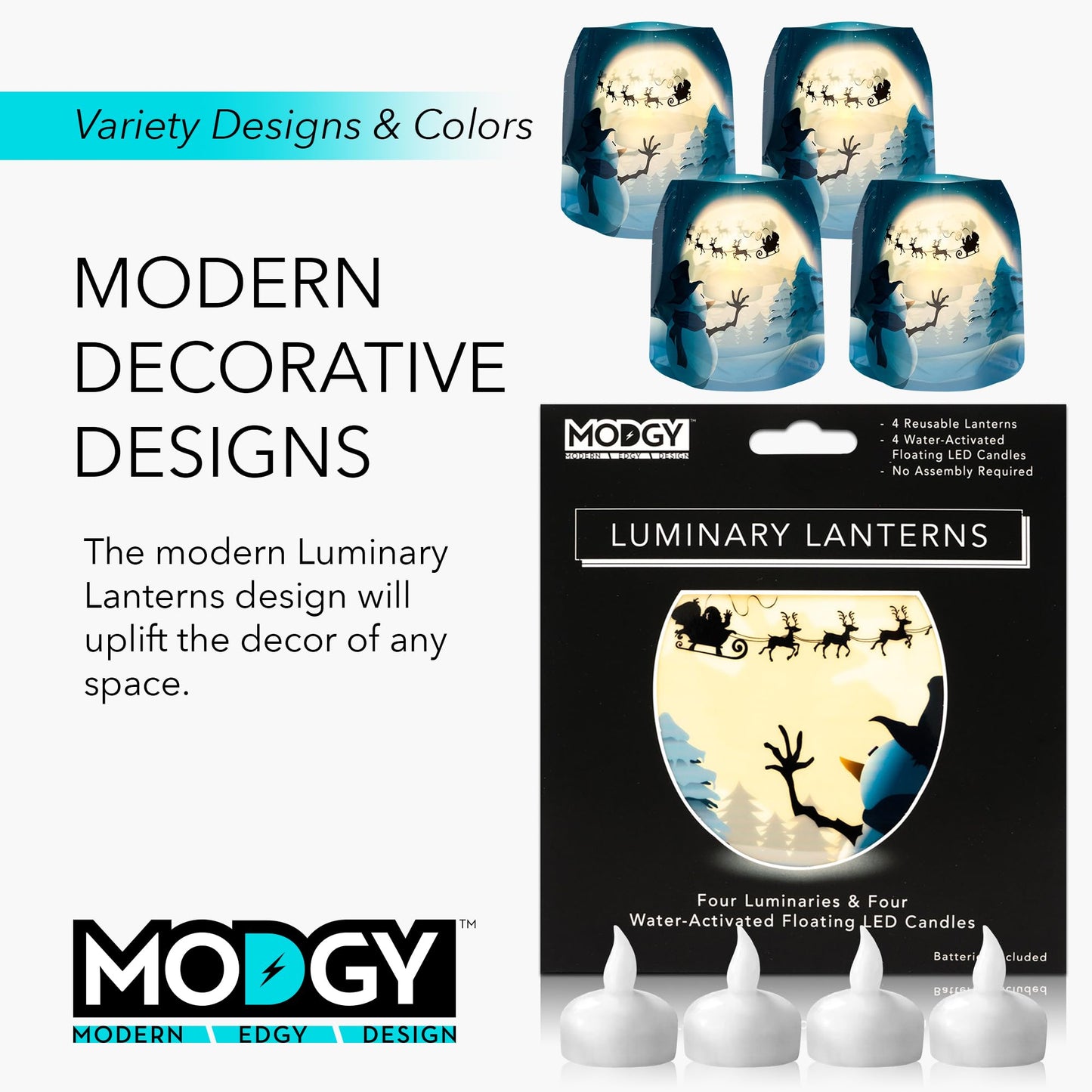 MODGY Luminary Lanterns, Christmas Candle Holders with Flameless Floating LED Candles, Indoor Outdoor Decor for Holiday Parties, Home, Windows, and Mantels, Table Centerpiece, 4-Pack, OhDeer