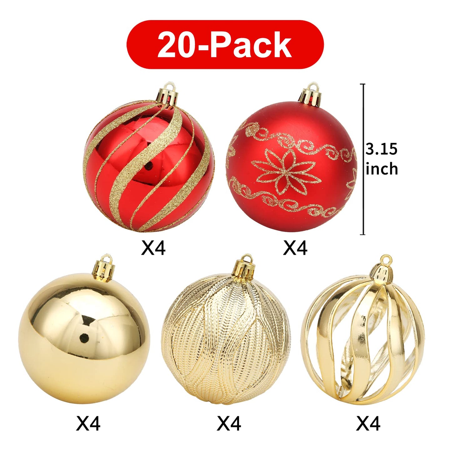 Christmas Ball Ornaments Set, 20pcs 3.15'' Red and Gold Christmas Shatterproof Ornaments Set for Xmas Tree Traditional Christmas Tree Decoration Hanging Baubles for Home Decor