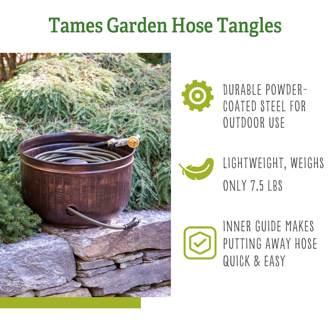 Gardener's Supply Company Garden Hose Pot | Elegant Brushed Bronze Brown Decorative Watering Hose Storage with Side Hole | Ideal Hose Holder for Outdoor Garden, Backyard, & Patio | Holds 100ft Hose