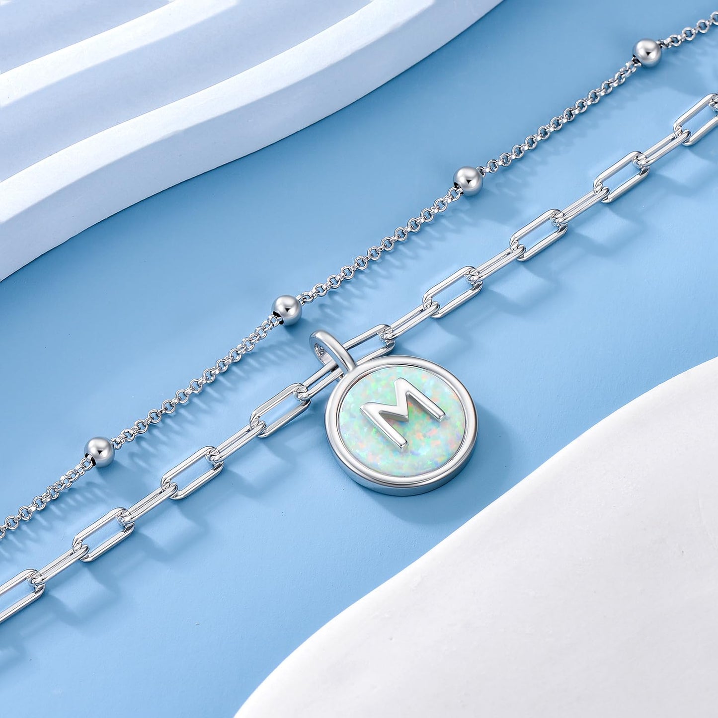 LWQQWL Initial M Bracelet for Women 925 Sterling Silver Layered Initial Bracelet Opal Letter 26 Alphabet Jewelry Christmas Gifts