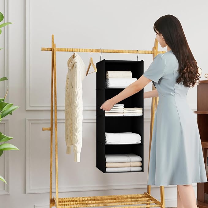 Hanging Closet Organizer, Easy Mount Foldable 4-Shelf Hanging Closet Wardrobe