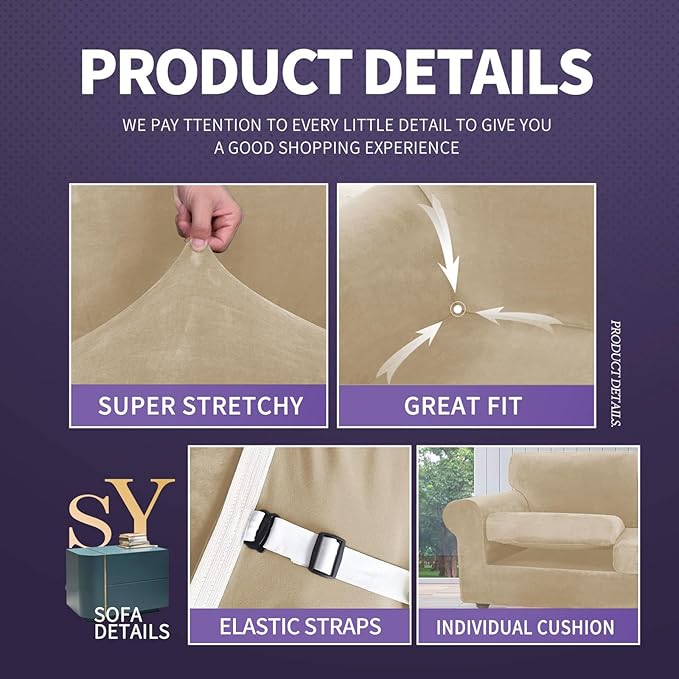 ZNSAYOTX Oversized Velvet Couch Cover 4 Piece Stretch Sofa Covers