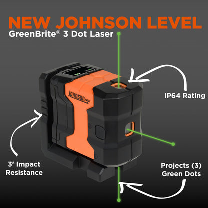 Johnson Level & Tool JDT300-GN3D Laser Level, Self-Leveling Kit 3 Dot Laser with GreenBrite® Technology, Magnetic Base, Hard-shell Carry Case, Floor Mount