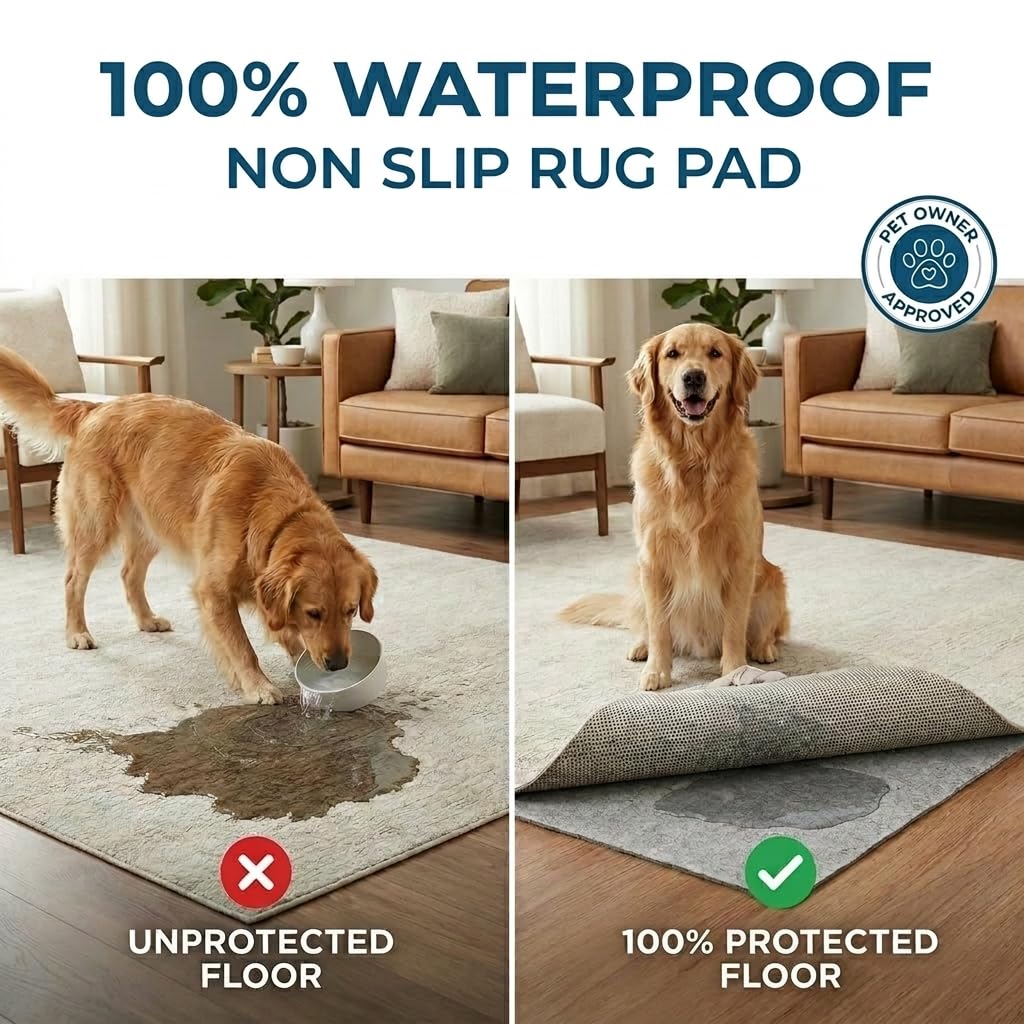Waterproof Rug Pad, 9x12 ft (1/8" Thin) - Protect Floors, Non-Slip, Pad for Area Rugs - Anti-Slip, Washable, Pet-Friendly Cushioned Underlay for Hardwood, Concrete, Tile