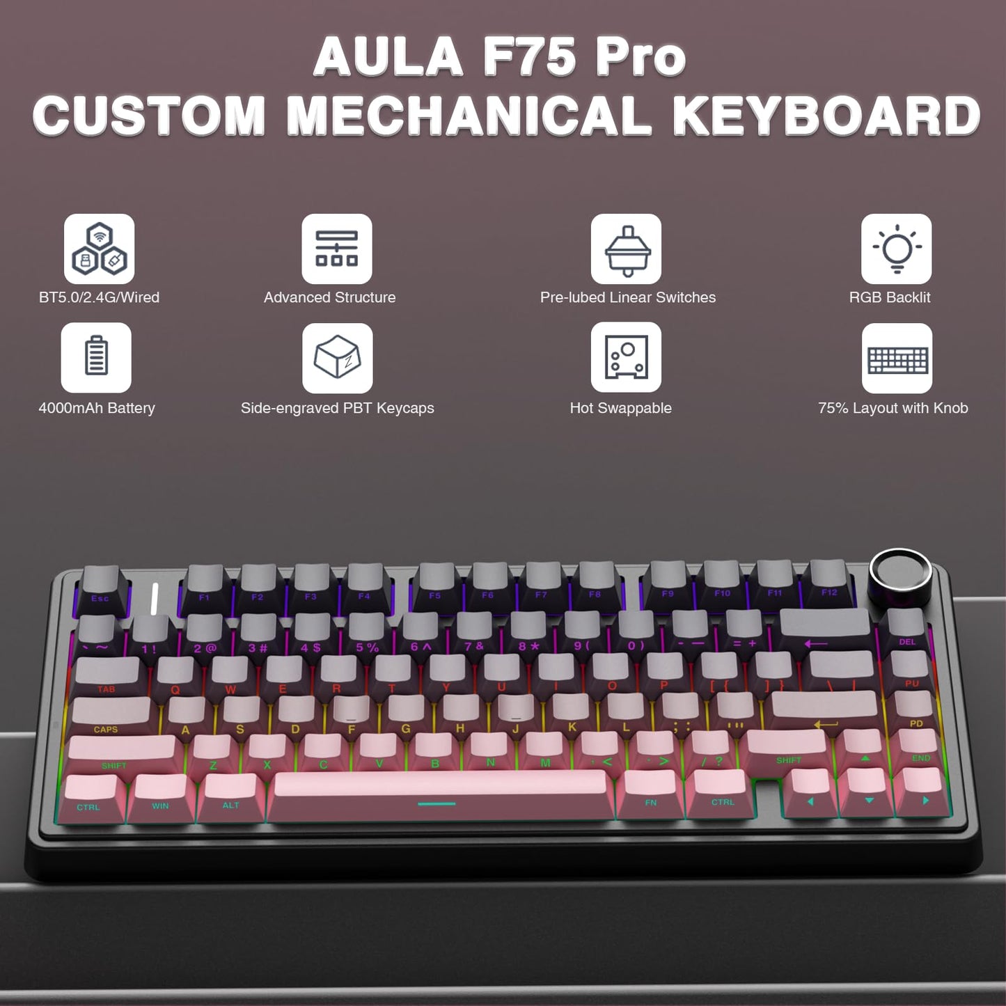 AULA F75 Pro Wireless Mechanical Keyboard,75% Hot Swappable Custom Keyboard with Knob,RGB Backlit,Pre-lubed Reaper Switches,Side Printed PBT Keycaps,2.4GHz/USB-C/BT5.0 Mechanical Gaming Keyboards