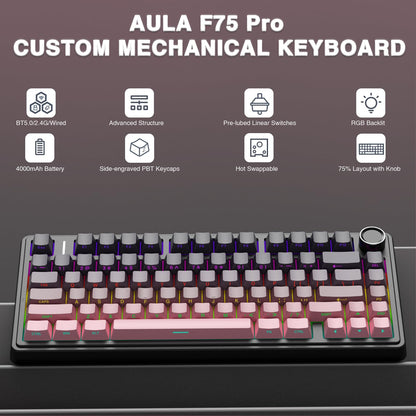 AULA F75 Pro Wireless Mechanical Keyboard,75% Hot Swappable Custom Keyboard with Knob,RGB Backlit,Pre-lubed Reaper Switches,Side Printed PBT Keycaps,2.4GHz/USB-C/BT5.0 Mechanical Gaming Keyboards