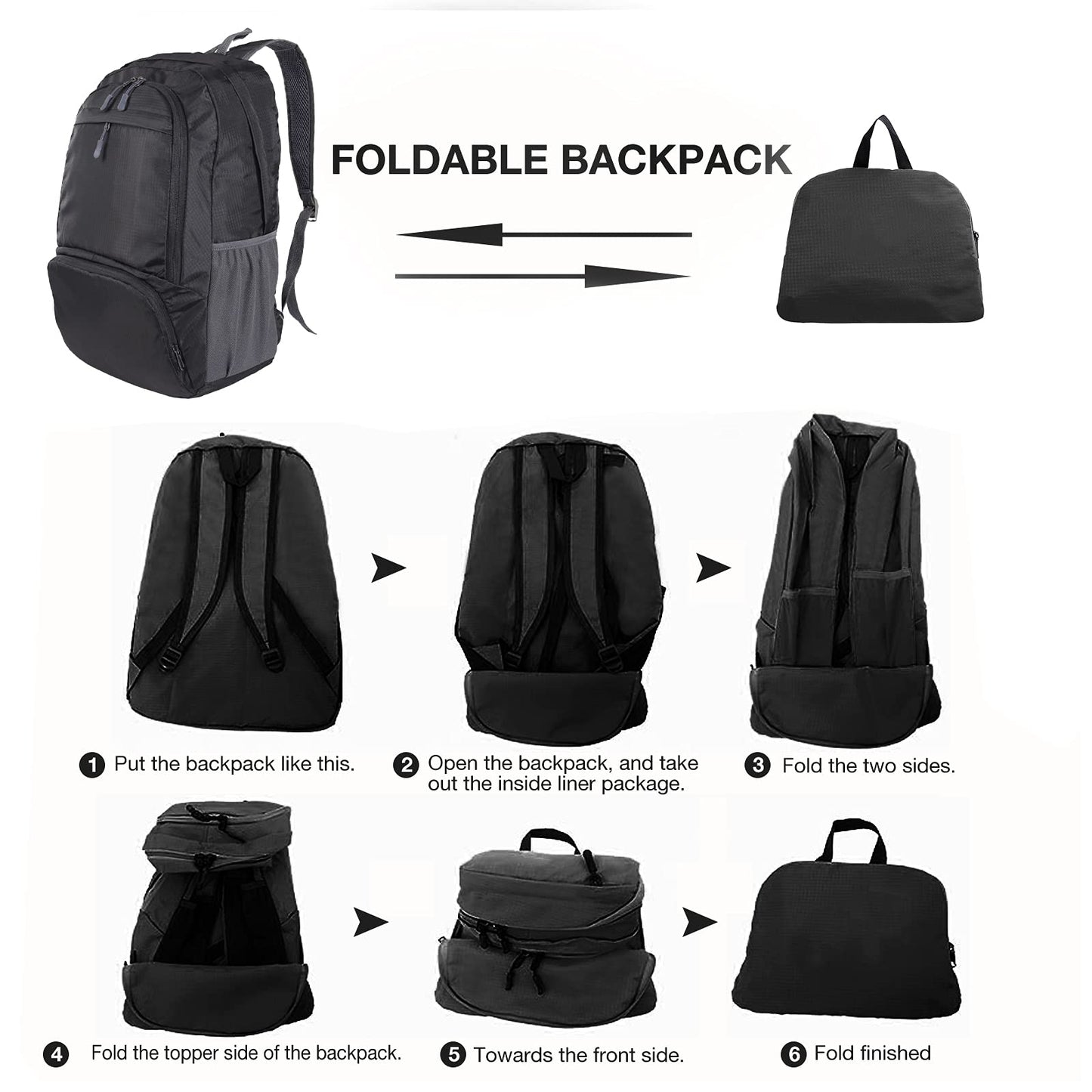 Dewellyoo Lightweight Hiking Backpack, Foldable Outdoor Camping Hiking Travel Multi-functional Camping Trekking Rucksack Travel Climbing Mountaineer Outdoor Sport Daypack Bag for Men Women (Black)