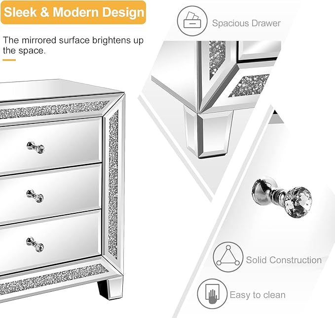 VINGLI Mirrored Nightstand Glass End Table, Mirrored Bedside Table
