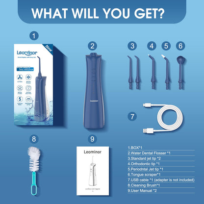 Leominor Water Dental Flosser - 5 Modes Cordless Portable Oral Irrigator, IPX7 Waterproof, Rechargeable Teeth Cleaner Upgrade Datchable Tank Professional Flossing Cleaning Pick for Home Travel (Black)
