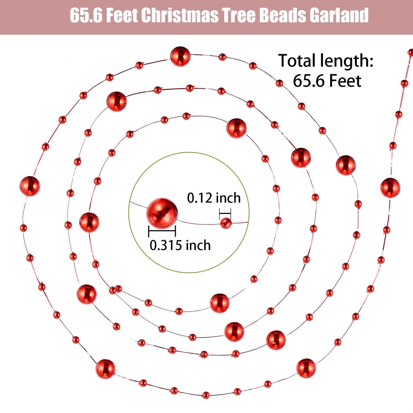 Pangda 65.6 ft Artificial Pearl Beads Garland for Christmas Tree Plastic Beaded String Strands Chain Ornament for Wedding Halloween Party Decoration Bridal Bouquet Craft Flower DIY Supplies(Red)