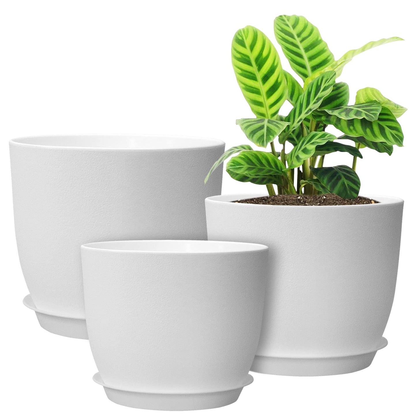 UOUZ 12/10/9 Large Plant Pots, Plastic Planters with Drainage Holes and Saucers for Indoor Outdoor Plants Flowers, White
