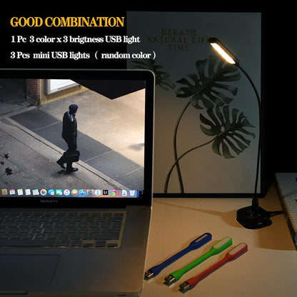 USB Laptop Light with Adjustable Gooseneck, 3 Color x 3 Brightness + 3 Mini LED Lights