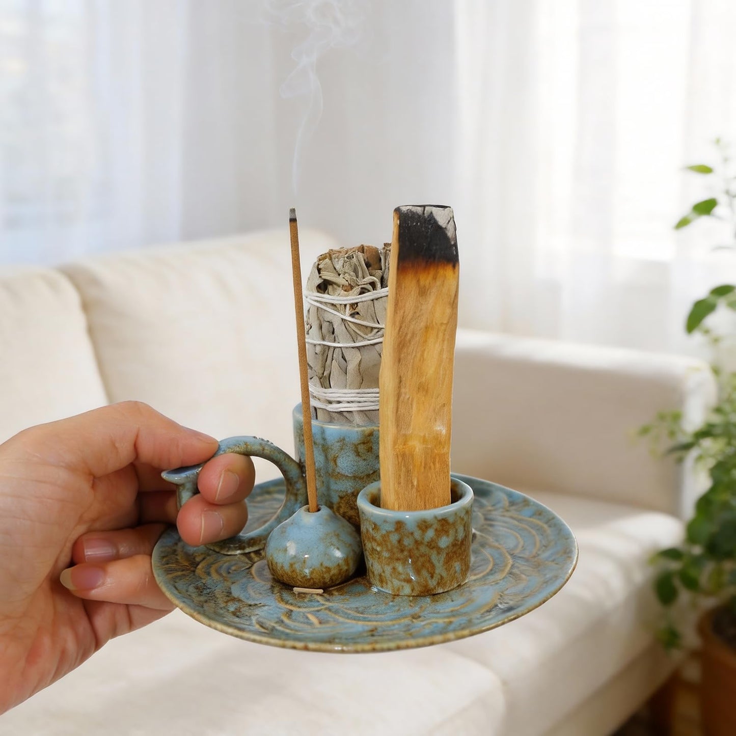 Tnstbiee 4-in-1Blue Ceramic Palo Santo Burner Holder - Small Incense Burner & Smudge Tray Bowl for Incense Sticks/Cones & Sage - Ideal for Meditation Rooms,Zen and Aromatic Scents - Matches Compatible