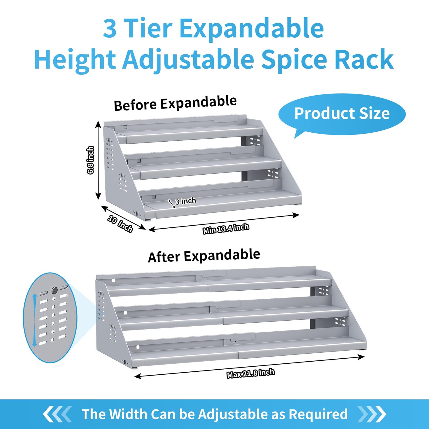 BOIVSHI Spice Rack Organizer, Metal Spice Rack Organizer for Cabinet, Countertop Spice Rack - Expandable Width, 3 Tier Spice Shelf for Cabinet, Countertop, Pantry, Cupboard, Gray