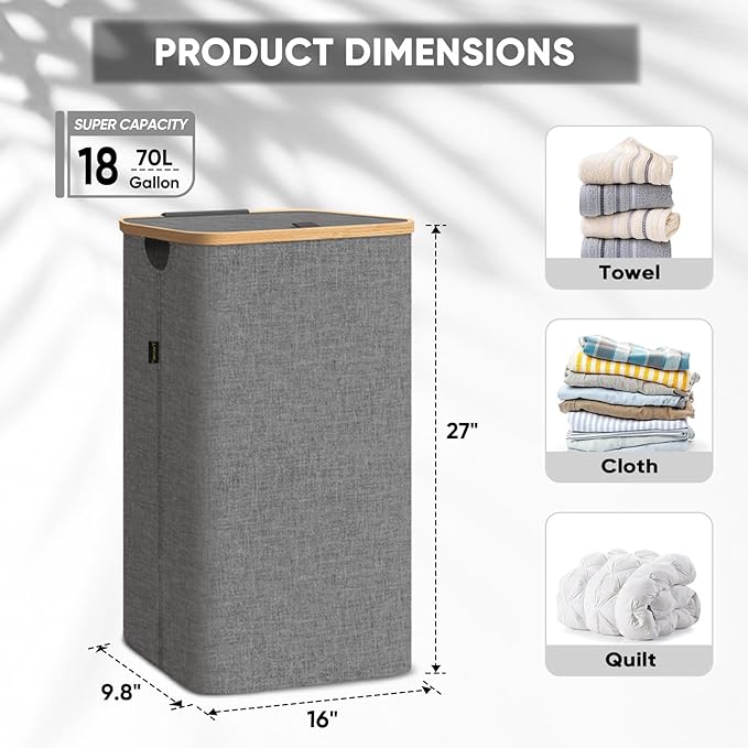 BALEINE Laundry Hamper with Lid, Tall Laundry Baskets with Bamboo Pull Handles