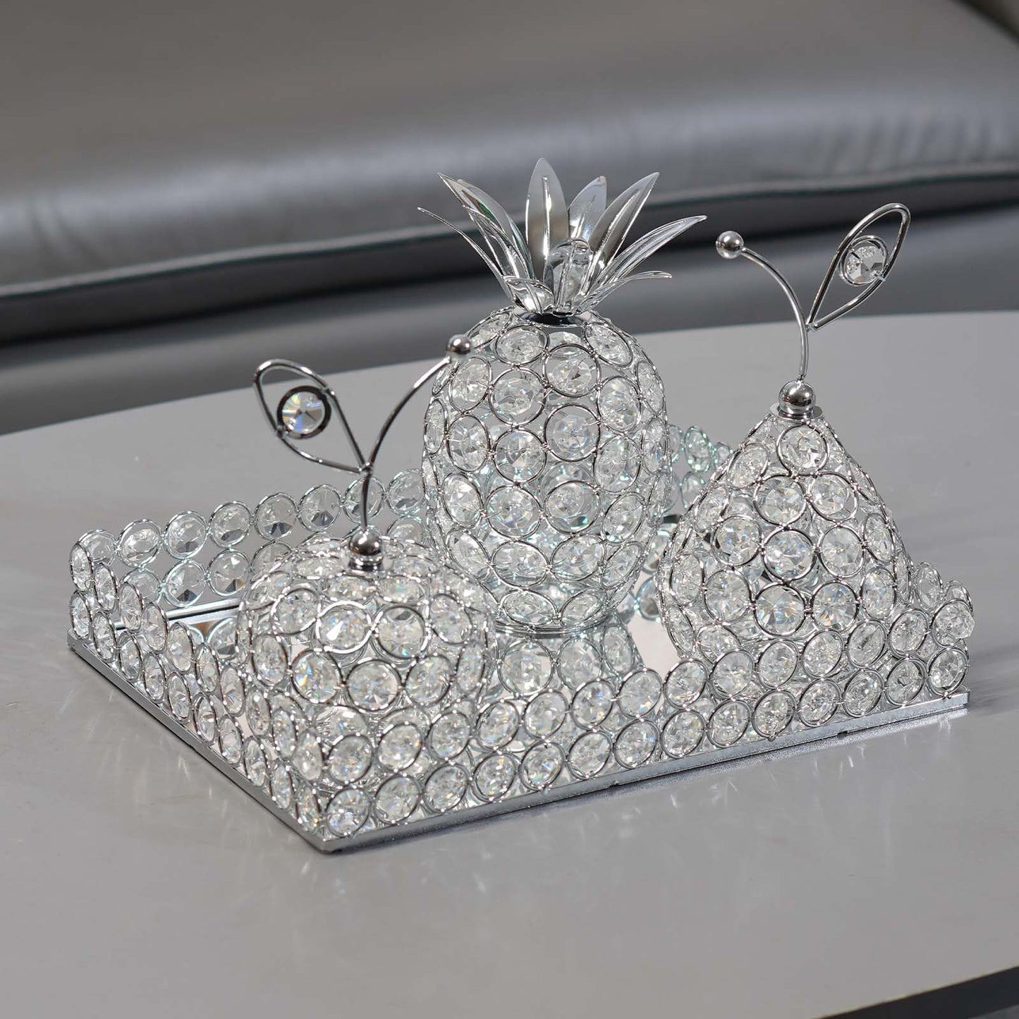 Elegant Decorative Trays & Crystal Fruit 4-Piece Set, Crystal Tea Light Holder - Wedding Centerpieces for Holidays, Home Table Decorations, Fruit Displays and Candle Holders (Silver, Set of Four)