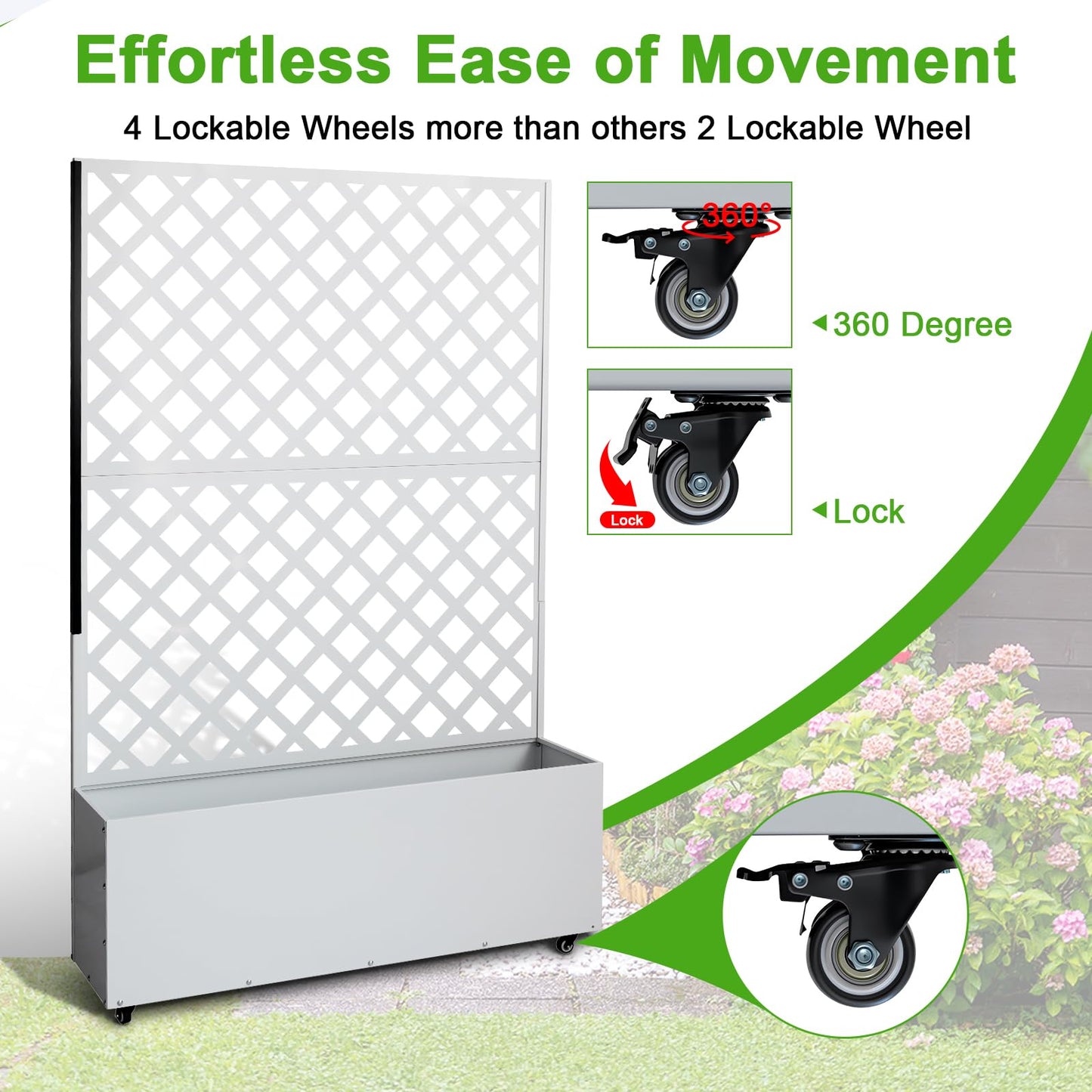 Metal Planter Box with Trellis Privacy Screen, Raised Garden Bed with Trellis & Wheels, Privacy Planters for Patio, Planter Box with Drainage Holes for Climbing Plants, Flower, 73"x 47"x 12", White
