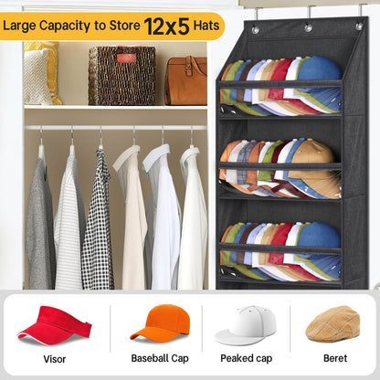 SLEEPING LAMB Over Door Hat Racks for Baseball Caps, Clear Deep Pockets Hat Organizer for Closet or Wall Hold 60 Hats Storage Holder With 3 Hooks Caps Display (Black)