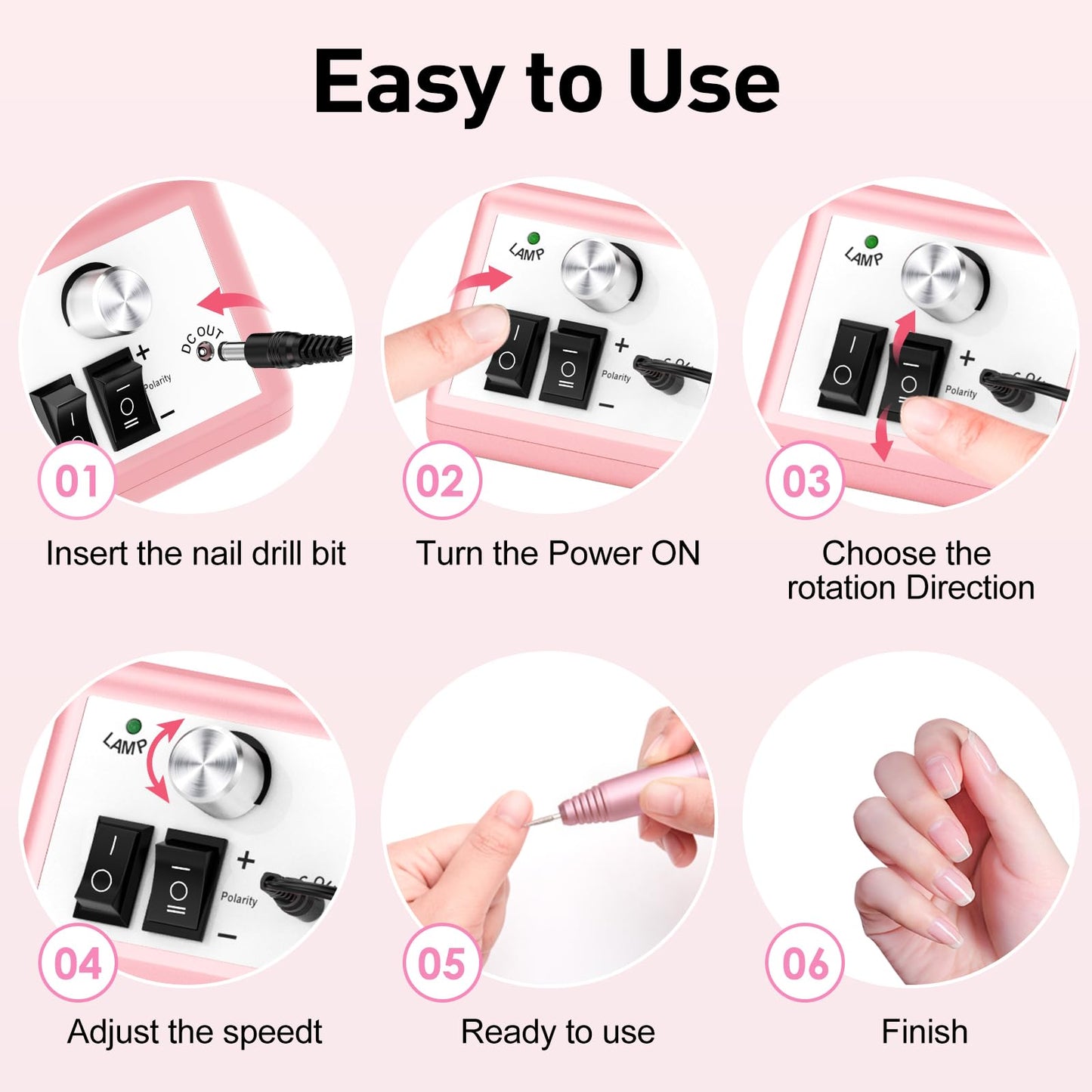 20000RPM Electric Nail Drill Professional Nail File Drill Acrylic Nails Kit for Manicure Gel Nail Polish Remover with 1 Pack of Sanding Bands(Pink)