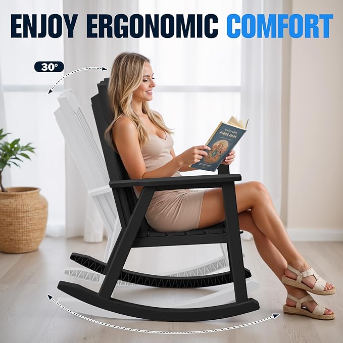 Devoko PP Material Rocking Chair Outdoor Indoor All Weather High Back Patio Rocker for Adult Heavy Duty Rocking Chair for Patio Backyard Porch Garden (Heavy Duty, Black)