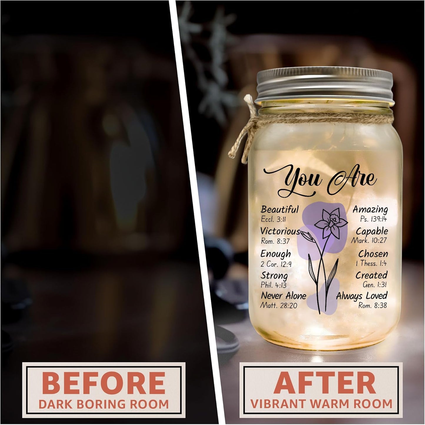 Religious Gifts for Women Christian Mason Jar Lamp - Easter Mothers Day Inspiration for Mom Bible Encouragement Gifts for Women - Faith Jar 14oz Nightlight Bible Scripture for Mom Nana Girlfriend