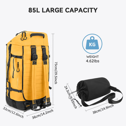 Vrtisa 85L 29“ Foldable Rolling Backpack with Wheels, Soft-side Travel Duffle Bag with Separate Shoe Compartment, Full Quilted Bottom, Yellow