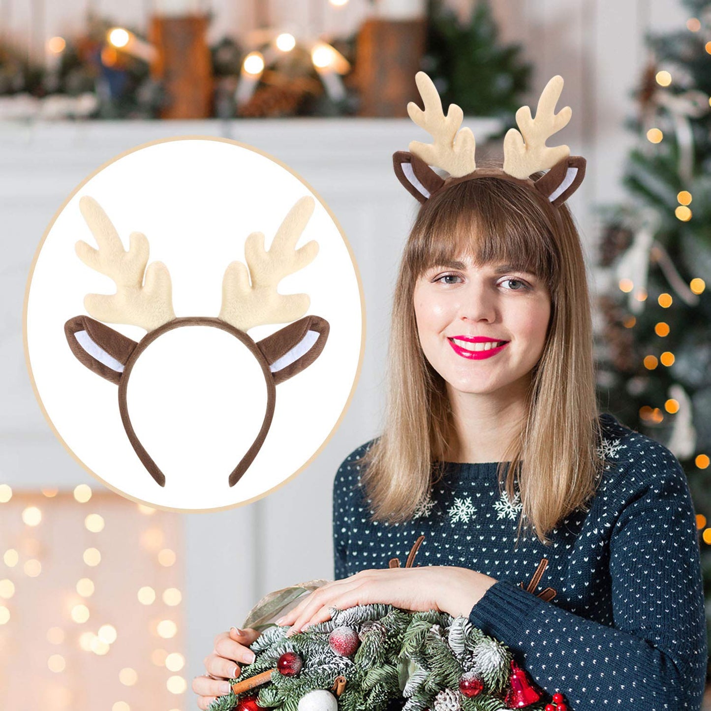Bememo 2 Pieces Christmas Reindeer Antlers Headband Deer Antlers Headband for Women Halloween Cosplay Party