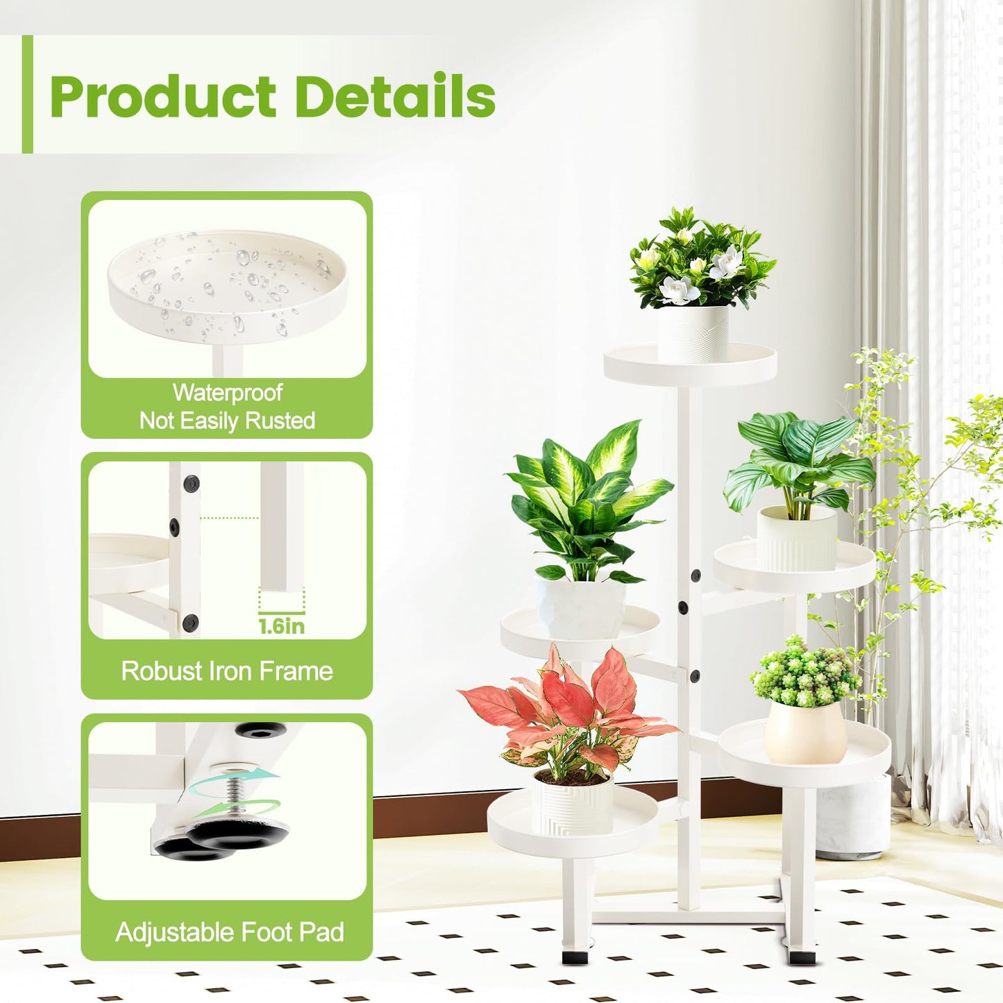 jsyonii Metal Plant Stand Indoor, Corner Flower Pot Stand for Multiple Plants, 5 Tier Heavy Duty Plant Shelf for Patio Living Room Garden Balcony Office White
