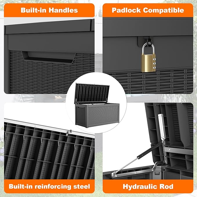 320 Gallon Resin Deck Box, Lockable Weatherproof Outdoor Storage Box for Furniture, Garden Tools and Tools Storage, Waterproof Outside Storage Boxes - Black