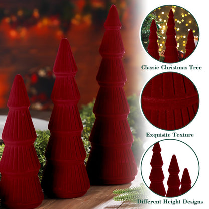 Bucherry 3 PCS Velvet Christmas Tree Figurines Decoration - 8" 10" 14" Modern Cone Christmas Tabletop Home Rustic Centerpiece Set for Winter Holiday Mantel Entryway Party Decor(Burgundy)