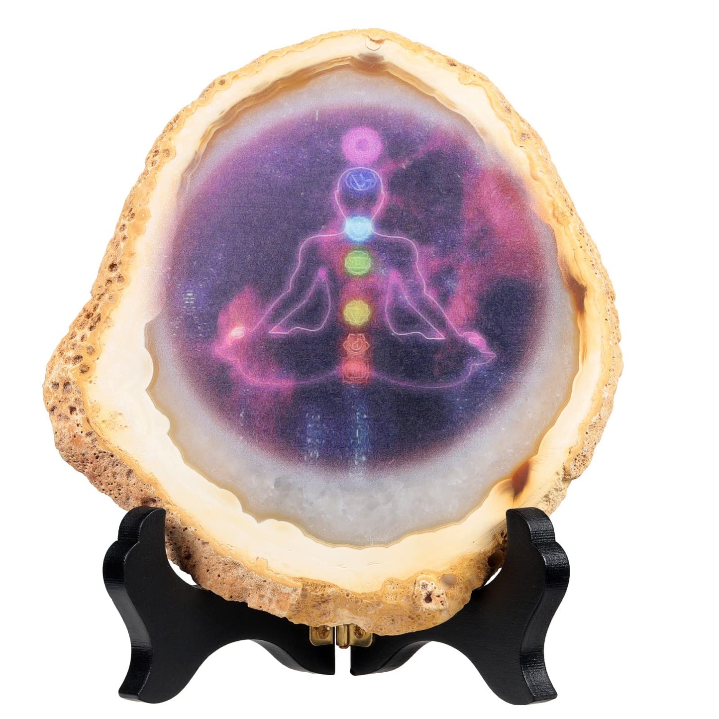 Nupuyai 7 Chakra Healing Agate Slice Yoga Prints with Wooden Stand Irregular Crystal Geode Agate Stone Art Decor for Home Office Tabletop, Purple