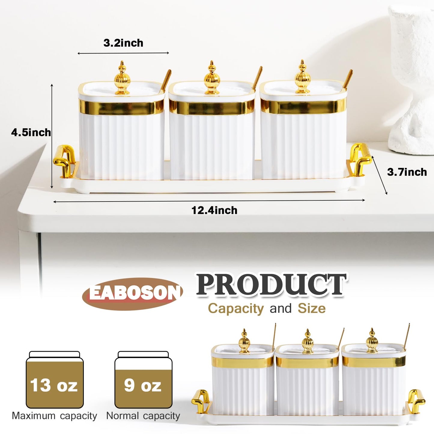 EABOSON 3 Pack Gold Condiment Spice Jars with Lids, Spoons, Tray - Plastic Seasoning Box Set for Salt, Pepper, Sugar - Kitchen Storage