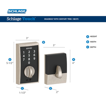 SCHLAGE BE375 CEN 622 Touch Keyless Touchscreen Electronic Deadbolt Lock, Matte Black