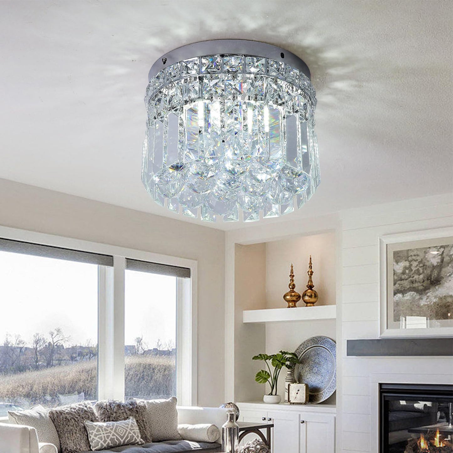 CEENLI Mini Modern Round Crystal Flush Mount Chandelier 7.8 inch Ceiling Light Fixture 4-Lights G9 Bulb for Closet Foyer Hallway Bedroom Living Room Dining Room Entryway Chrome Finish