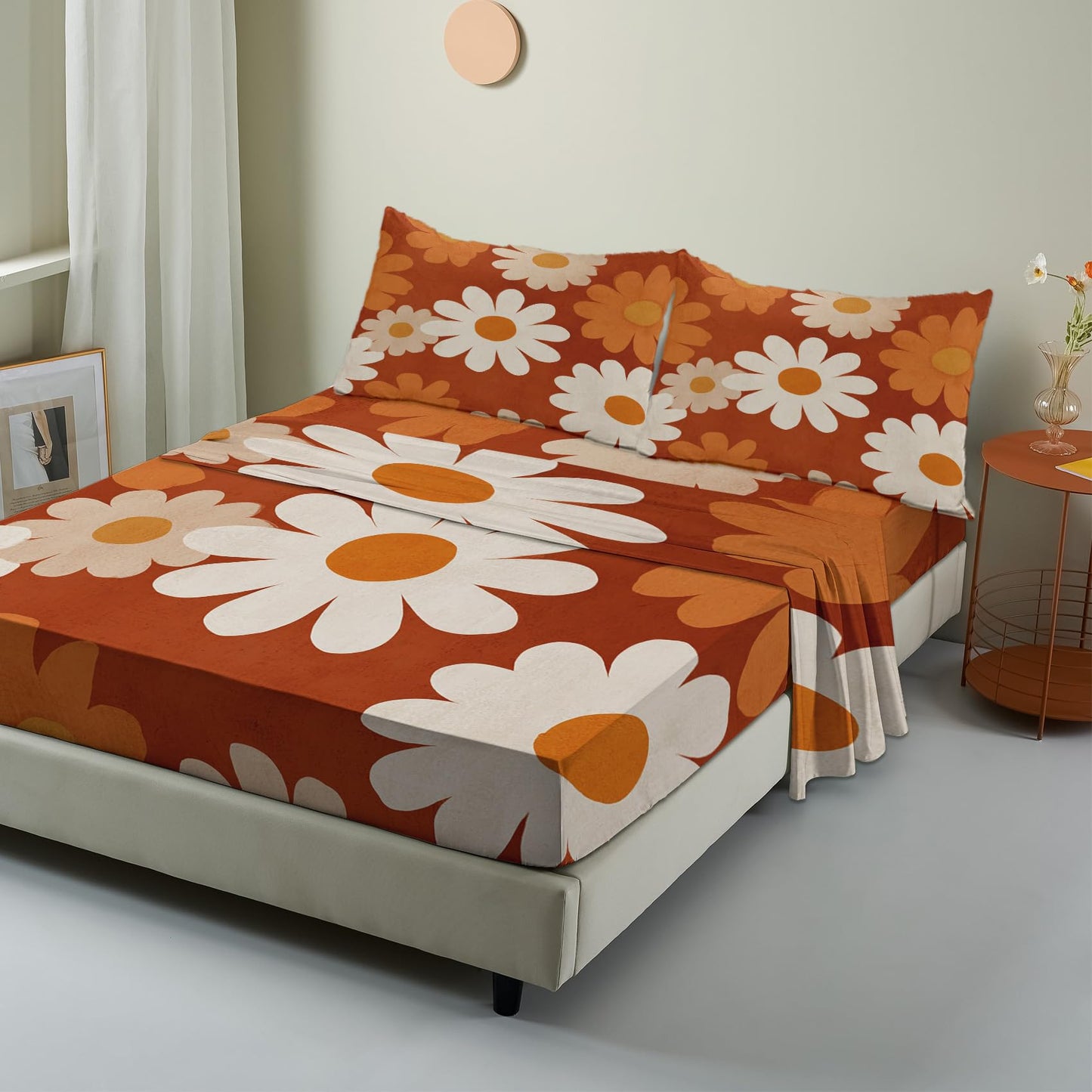 NOGAWA Retro Flower Sheets King Size, Boho Floral Bed Sheets, 70s Bedding Sheets, Pillowcases 4 Piece Set, Microfiber Deep Pocket Fitted Sheet, Flat Sheet, 2 Pillow Cases