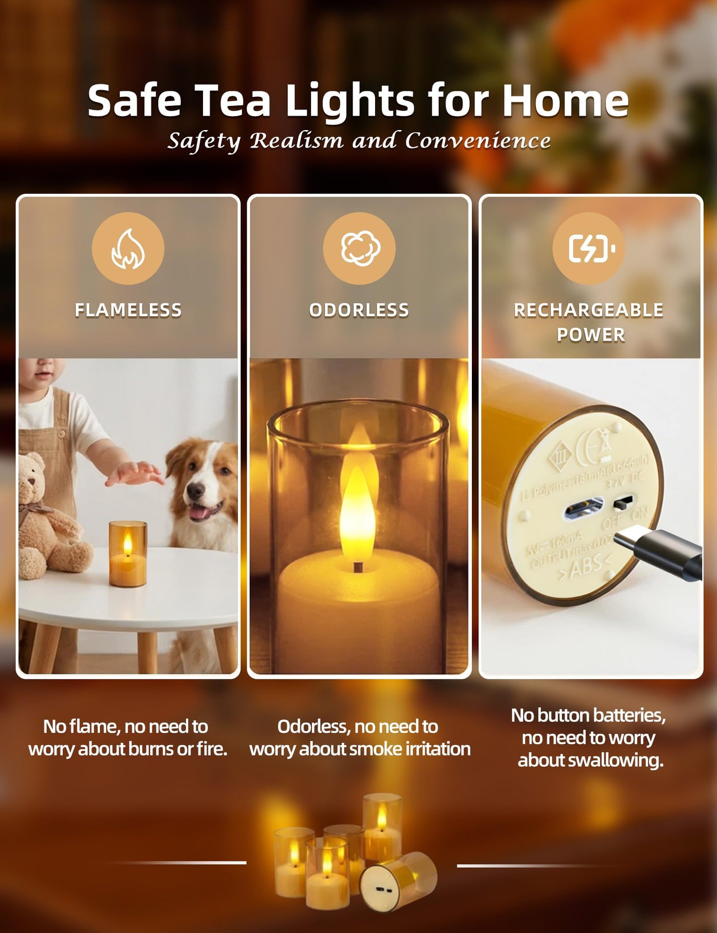 Utwickeln Rechargeable Flameless Tea Light Candles, LED Tea Lights with Remote & 2-8H Timer, 6-Pack, USB-C, Acrylic, Amber, for Home, Wedding, Dinner Party, Sports Bar Night, Living Room & Hotel
