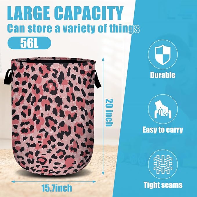 Pink Leopard Laundry Basket, Laundry Hamper Collapsible Oxford Cloth