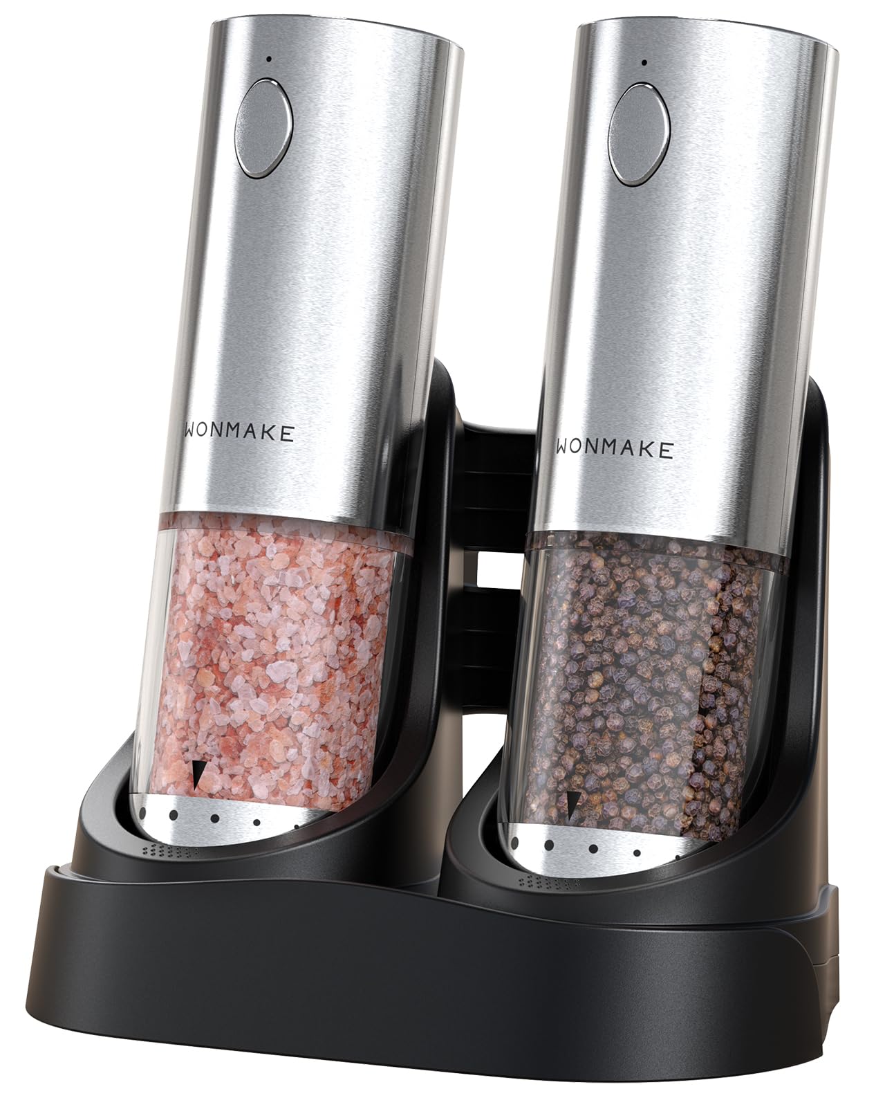 Electric Salt and Pepper Grinder Set - Automatic Refillable Salt and Pepper Grinders with Charging Base & LED Light, 6-Level Adjustable Coarseness with External Dial, Ideal Kitchen Gadget，Silver