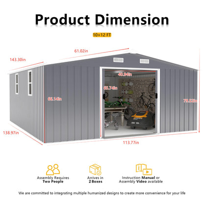 KEIKI 10' x 12' Metal Garden Storage Shed with Foundation Kit, Double Door Outdoor Tool Shed with 2 Windows, Color Steel Construction, Dark Gray