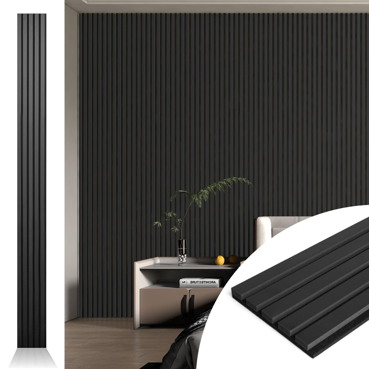 Art3d 4pcs-107 x 8in Slat Acoustic Panel for Wall and Ceiling, 3D Fluted Sound Absorbing Panel with Wood Finish, Black