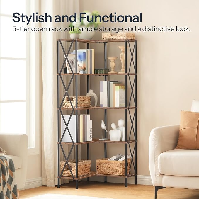 HOOBRO Corner Bookshelf, 5-Tier L-Shaped Bookcase, Industrial Open Display