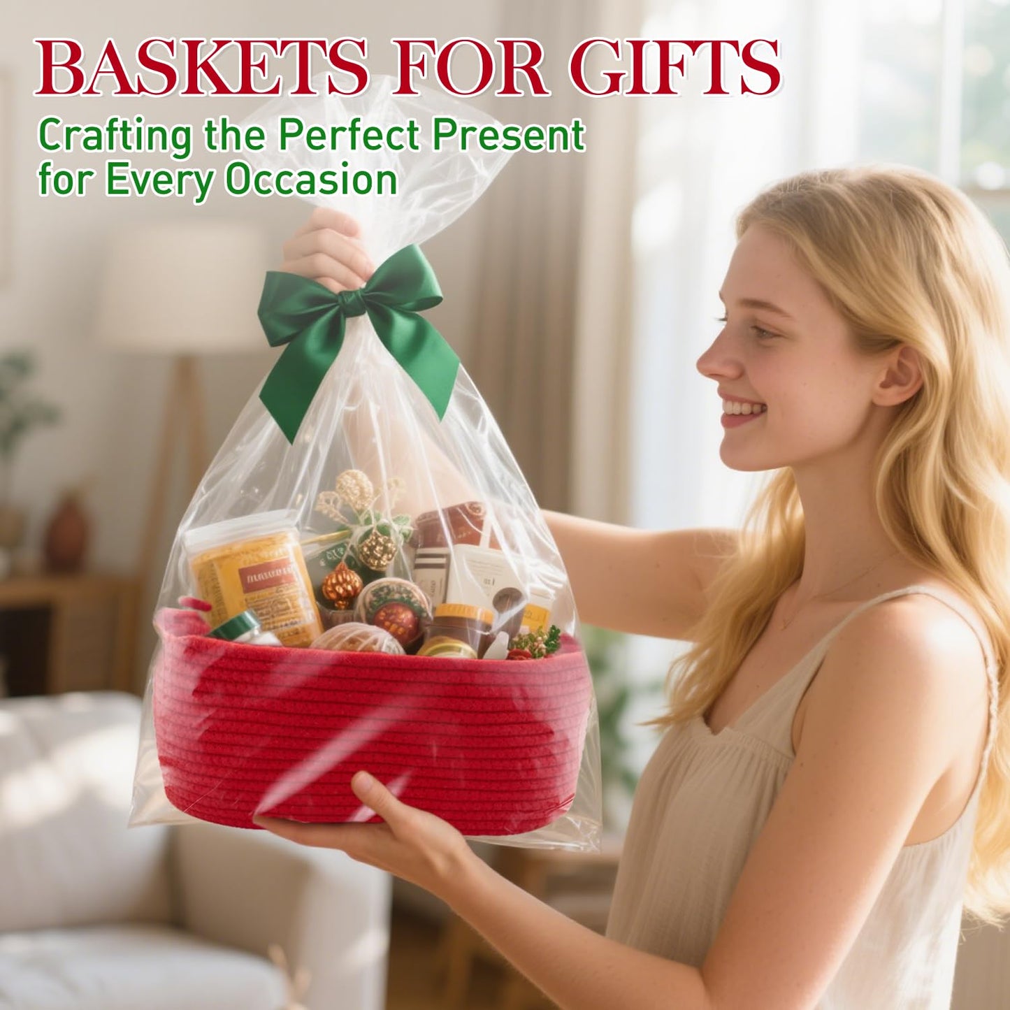 Woven Basket with Gift Bags and Ribbons, 14"X 10" X 6" Gift Storage Organizer Bin Shelf Shelves Cotton Rope Basket for Nursery, Pet Toys (Red)