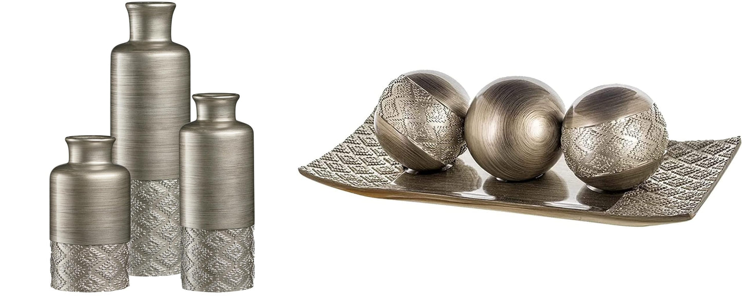 Creative Scents Dublin Silver Centerpiece Tray with three matching orbs and a set of three vases – perfect for coffee table decor in the living room or dining room