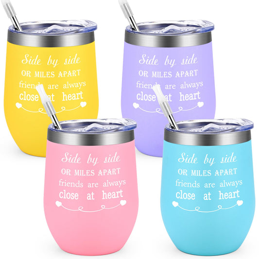 GINGPROUS 4 Pack Friend Wine Tumbler Set for Girls Trip Friendship Girls Weekend Long Distance Frineds, 12 Oz Stainless Steel Wine Tumbler with Lid and Straw, Mix Color