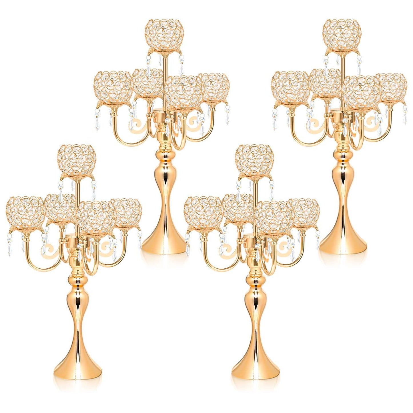 kolnlala 4Pcs 22 Inch Tall 5-Arm Gold Elegant Crystal Candelabra – Fancy Looking Candle Holder, Perfect for Your Table Centerpiece, Wedding & Christmas Dinner Party Events, Home Decor