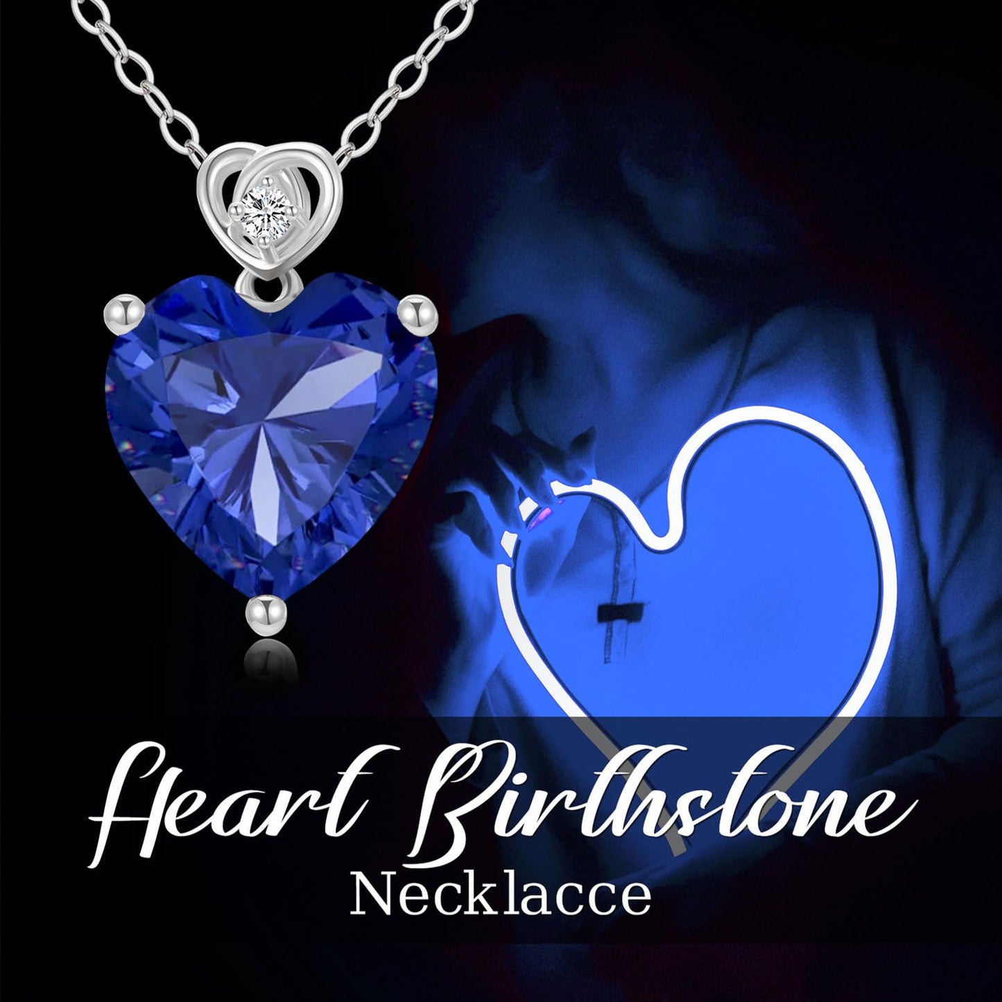 NFYBD 14k White Gold Love Heart Blue Sapphire Birthstone Pendant Necklace for Women 3 Carat Heart-cut Created Gemstone Anniversary Birthday Mother's Day Necklaces for Her-sept