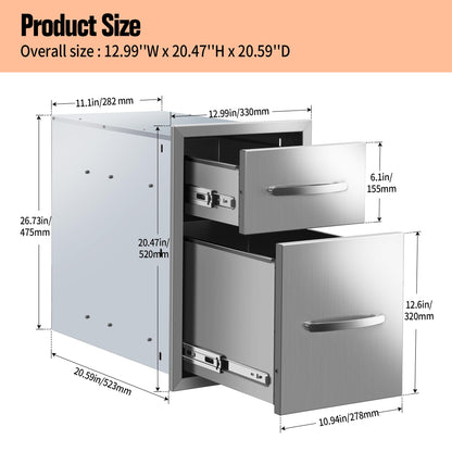 KODOM Outdoor Kitchen Double Drawers 13W x 20H x 21D Inch, Flush Mount Access BBQ Island Drawers for Outdoor Kitchens or Patio Grill Station