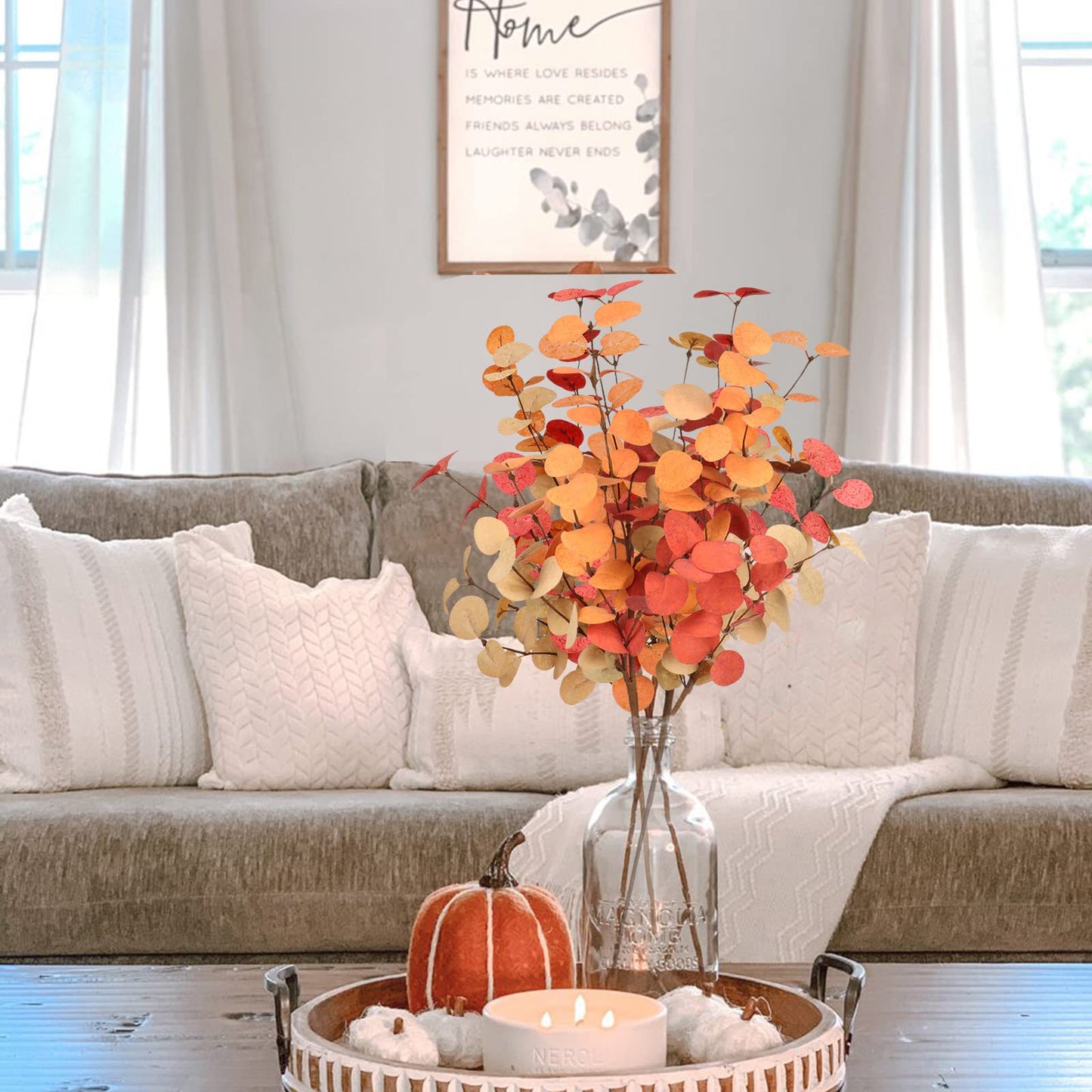 Beferr 5 Pcs Autumn Artificial Eucalyptus Stems Leaves Autumn Decoration for Home Faux Eucalyptus Autumn Artificial Flowers for Fall Decor Table Centerpieces Thanksgiving Wedding Party Halloween Decor
