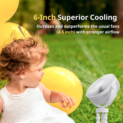 Portable Fan Clip on - 6-inch Rechargeable Fan for Baby Strollers, Car Seats & More; Stroller Accessories for Outings, 4800 mAh Battery for Camping, Gym, Beach (White)