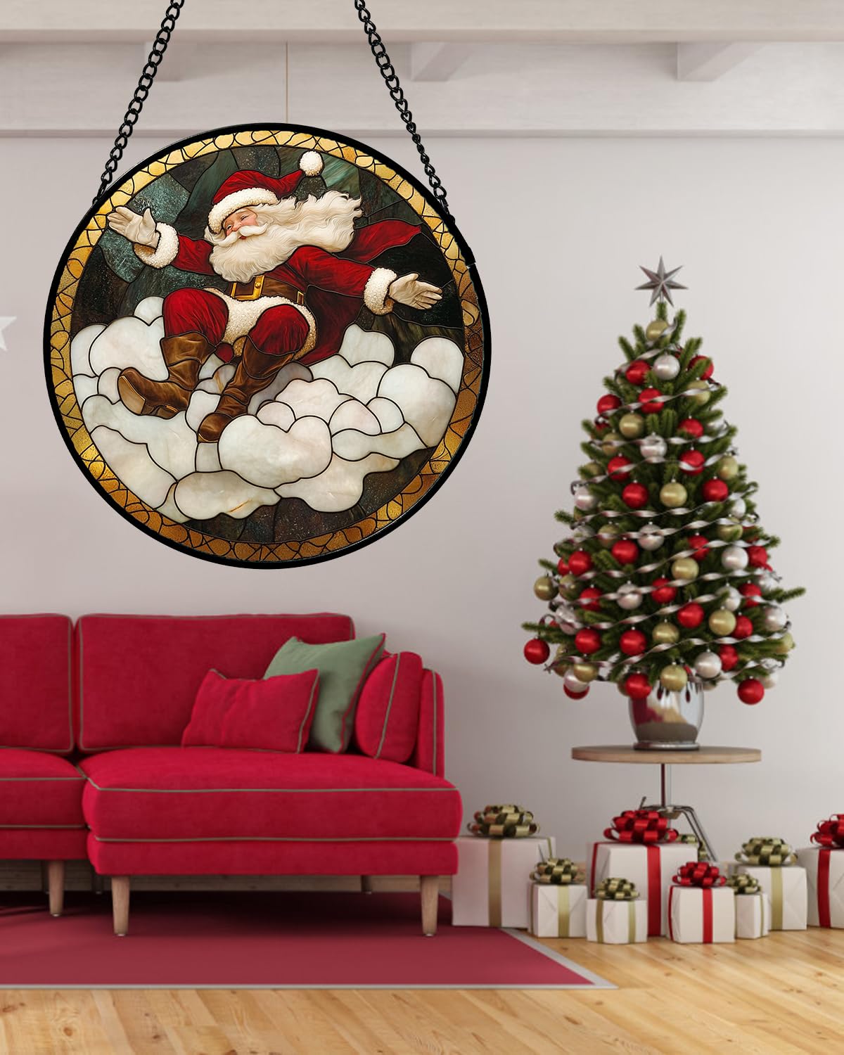 Stained Glass Window Hanging - Red White Santa Claus Clouds Suncatcher for Doors Home Christmas Decoration Sun Catcher Thanksgiving New Year Birthday Gifts for Friend Women Men Mom Nana 11.8 in